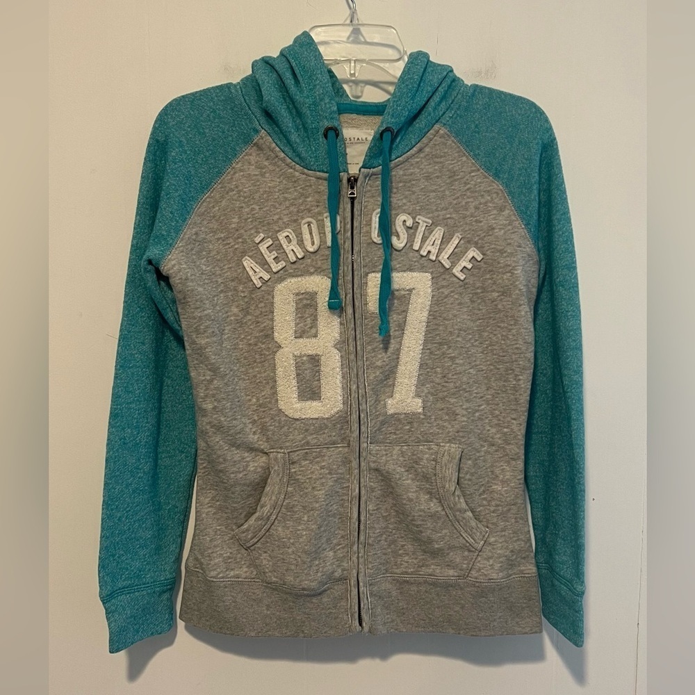 Vintage Aeropostale 87 Full Zip Up Hoodie Gray and Teal Reglan Sleeves 072726